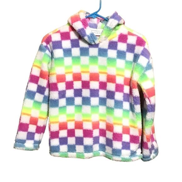 The Children’s Place Multi-Colored Checkered Fuzzy Hoodie L 10/12 - Picture 1 of 6